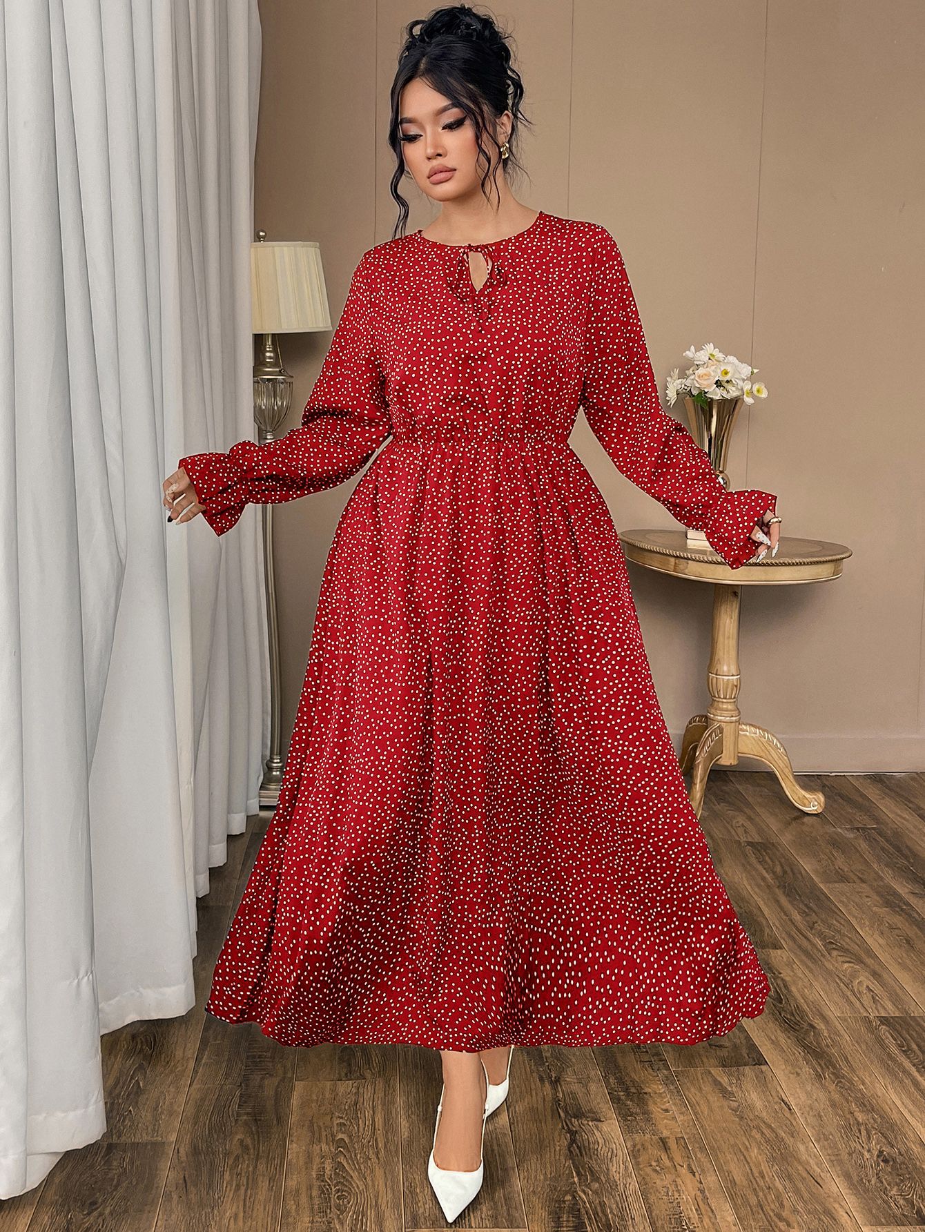 Polka Dot Tie Neck Long Sleeve Maxi Dress | Year-Round Casual Curvy A-Line Dress
