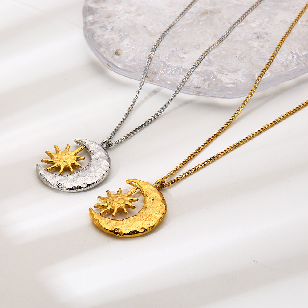 Rotating Sun & Moon Hammered Crescent Necklace