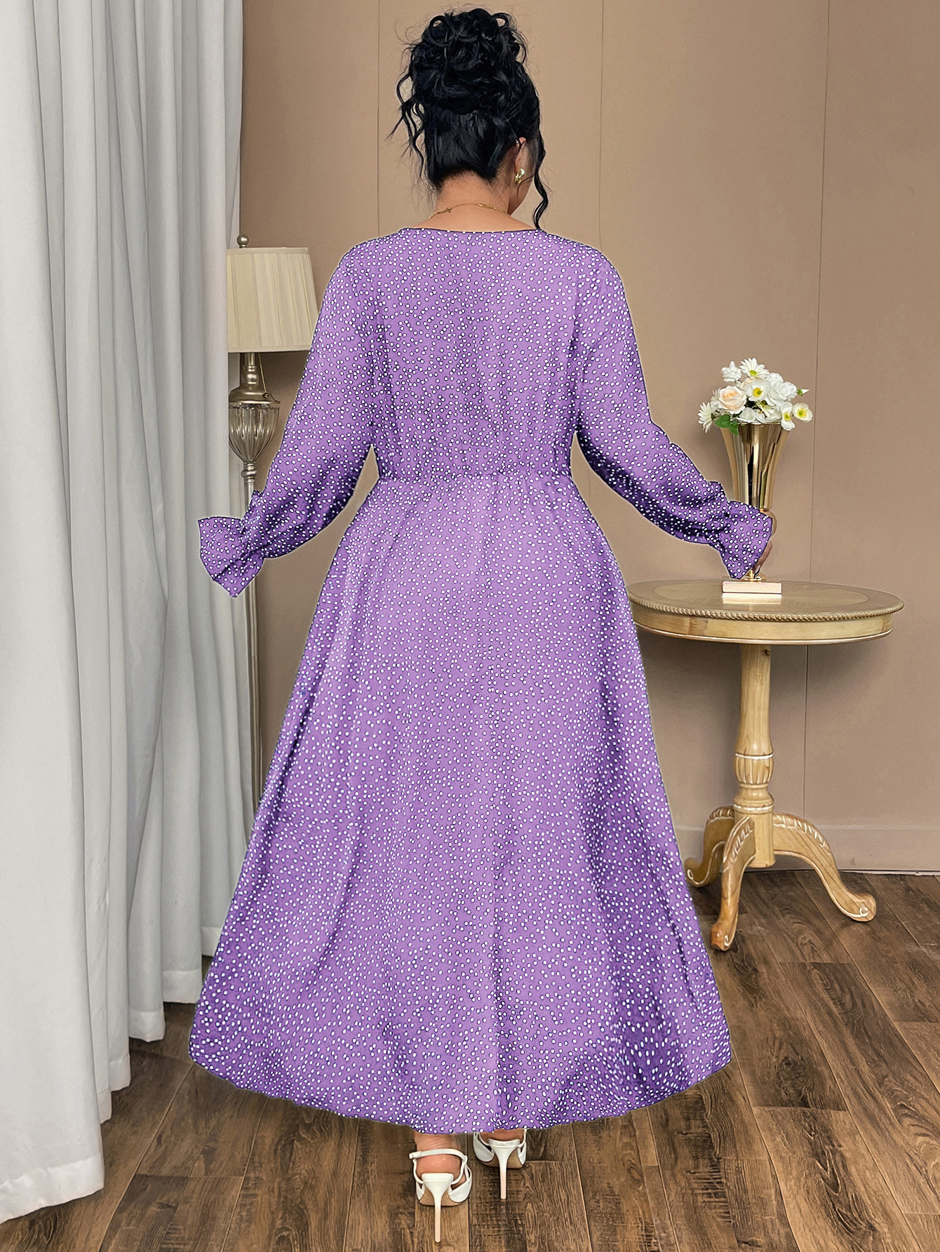 Polka Dot Tie Neck Long Sleeve Maxi Dress | Year-Round Casual Curvy A-Line Dress