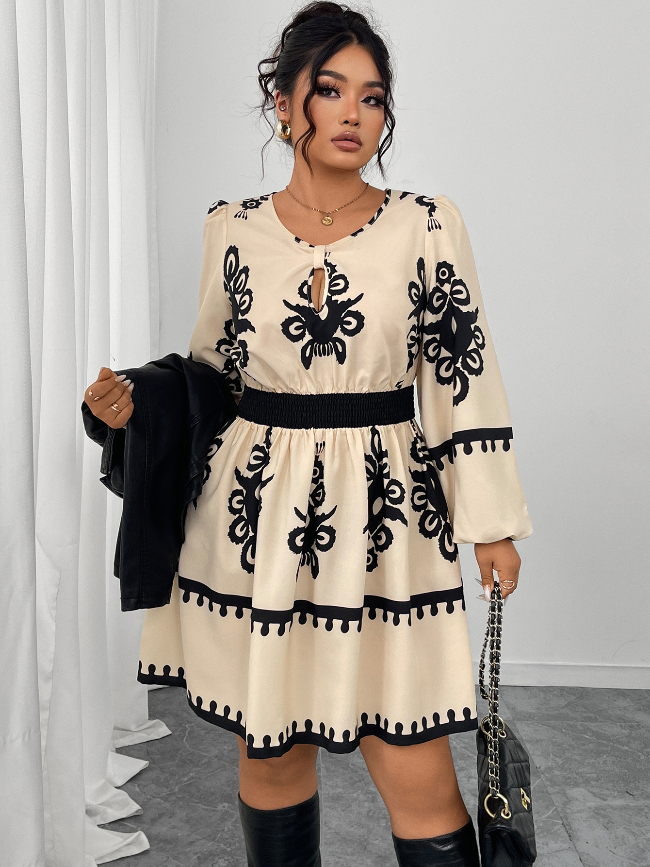 Boho Tribal Print Keyhole Neck Long Sleeve Mini Dress | 2025 Fall Winter Casual Curvy Dress