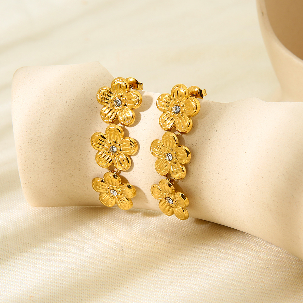 Triple Flower Crystal Drop Dangle Earrings