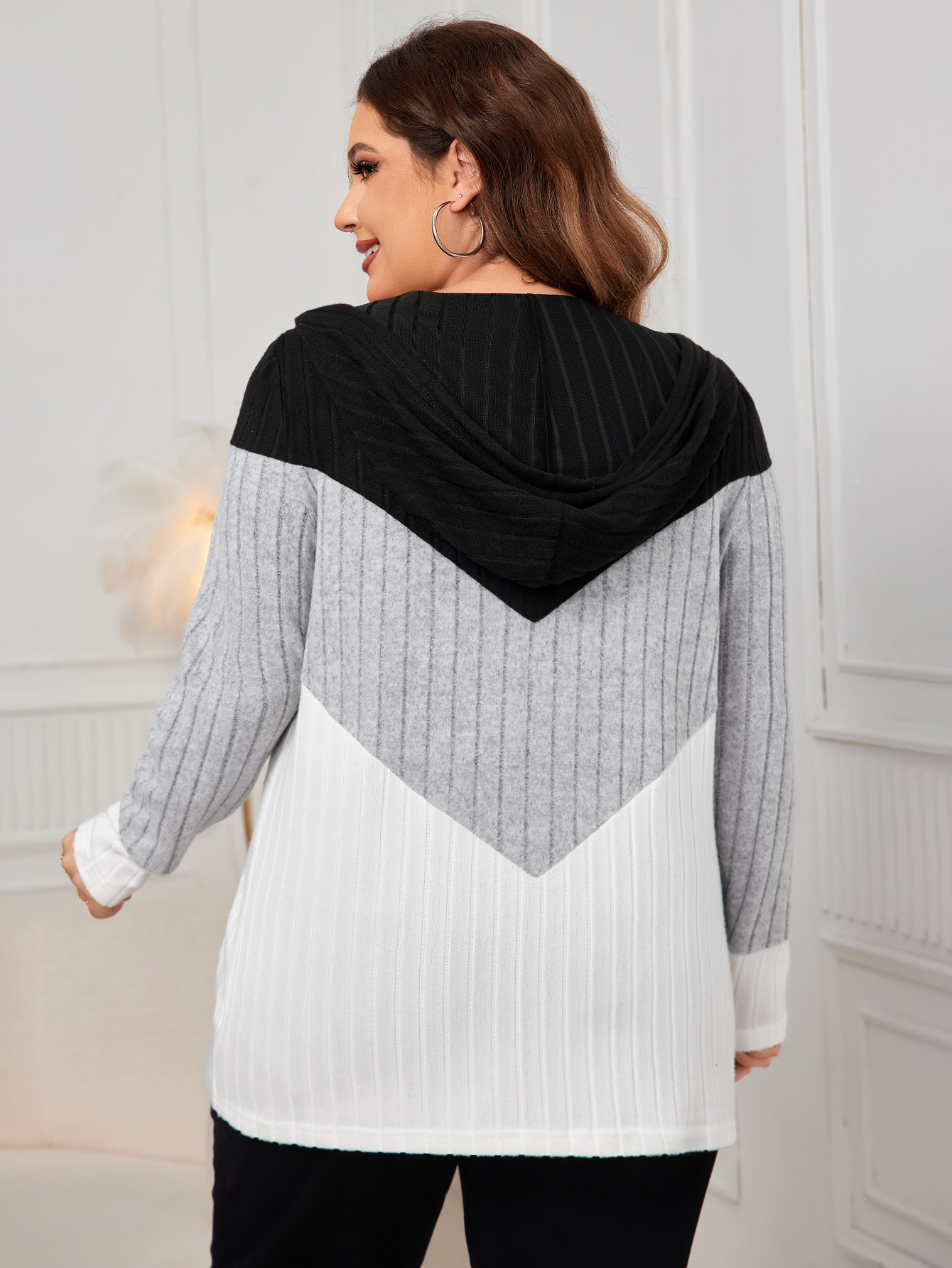 Colorblock Ribbed Knit Zip-Up Hoodie | Casual Curvy Long Sleeve Jacket