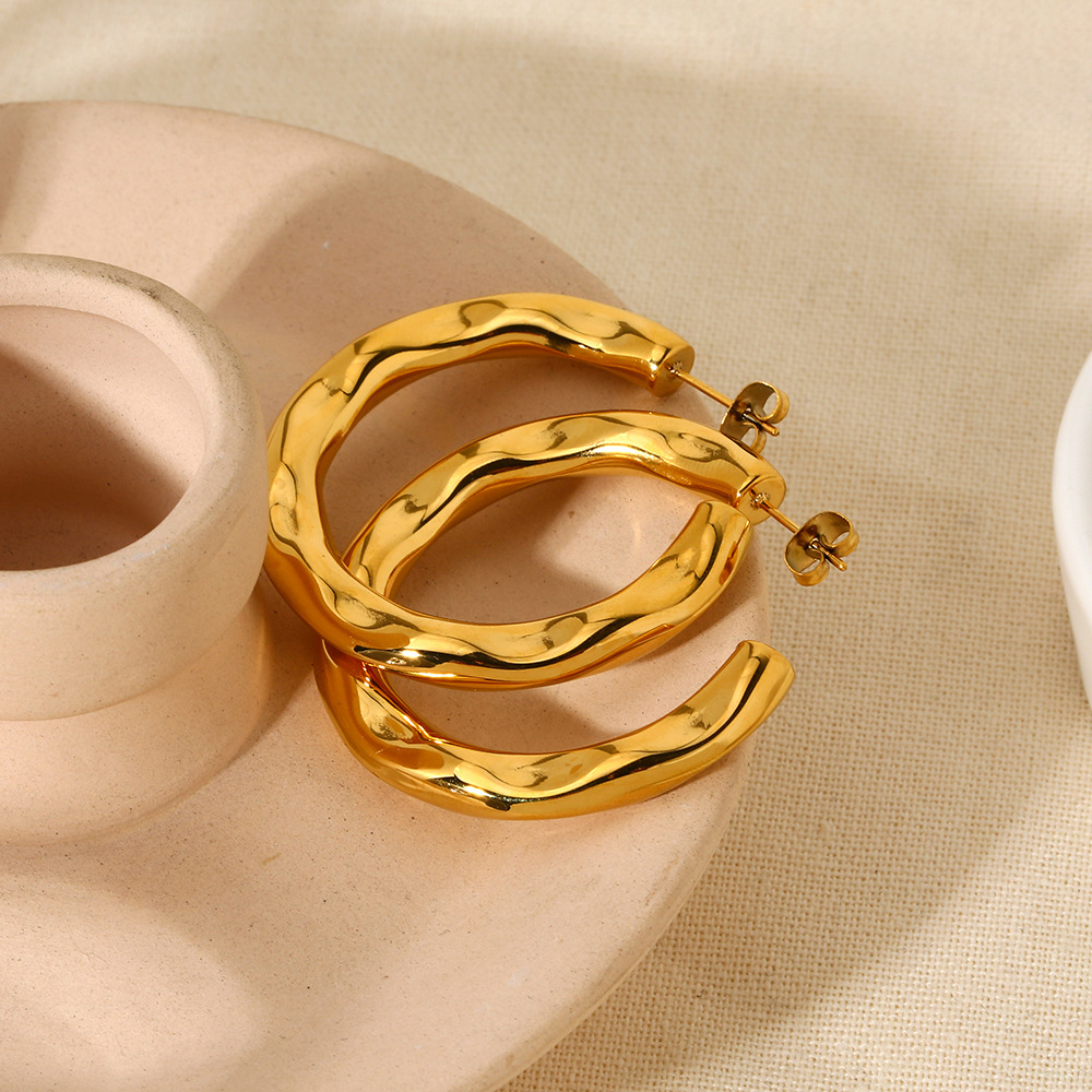 Hammered Irregular Open Hoop 18K Gold Earrings