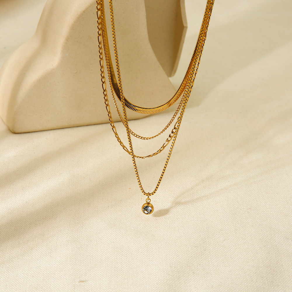 Four-Tier Mixed Chain Necklace with Bezel Crystal Drop