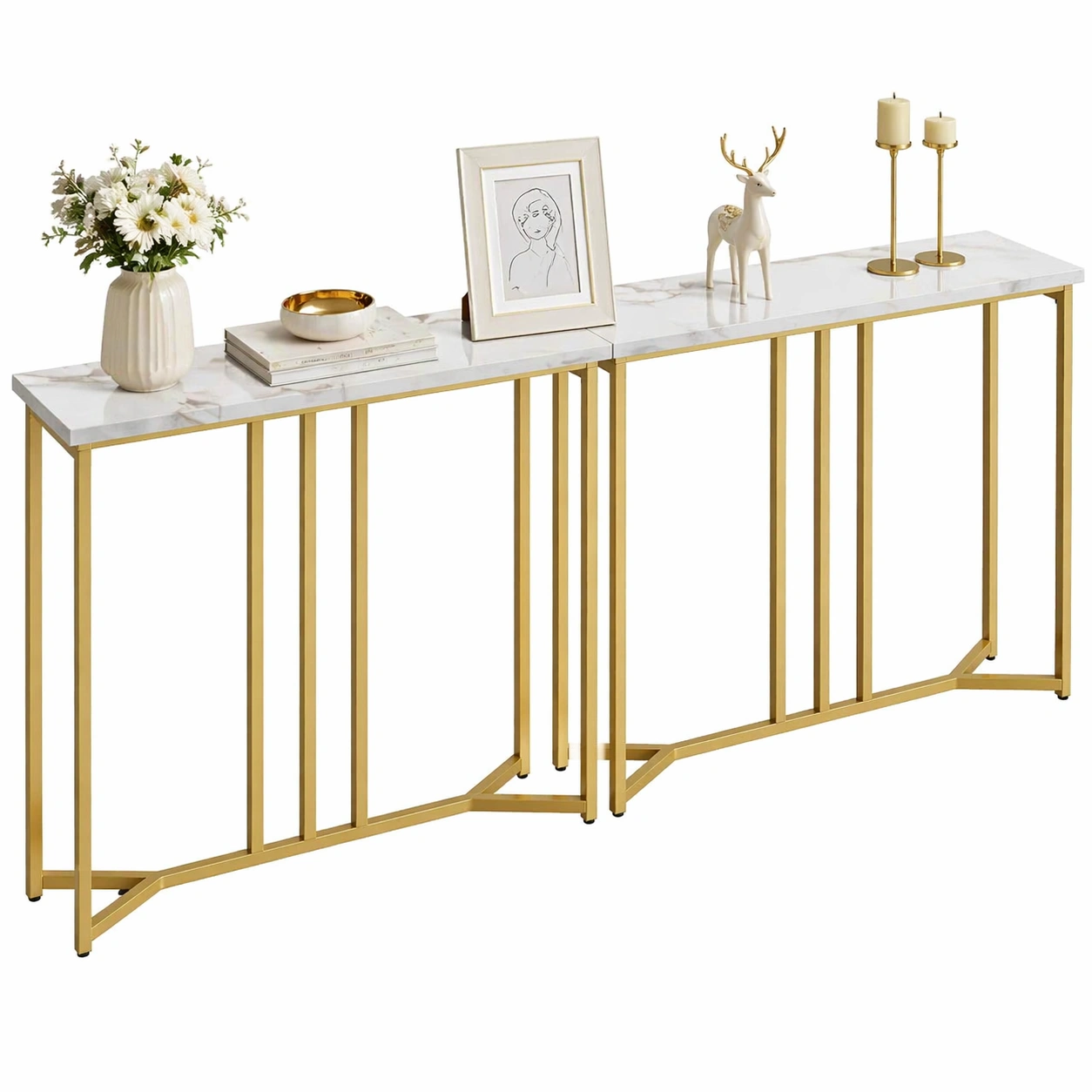 Schmale Konsolentische 2er Set Marmor Optik Gold Metallgestell-dunvira