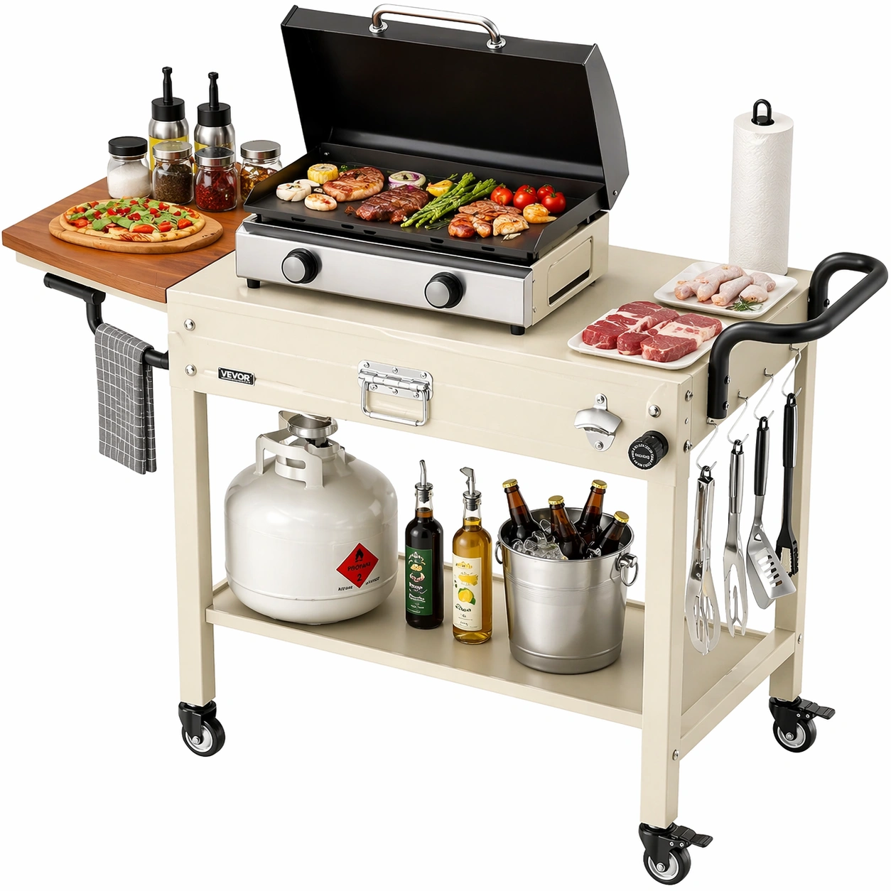 Grillwagen Plancha Tisch mit Seitenablage Rollen Outdoor BBQ Station Beige-dunvira
