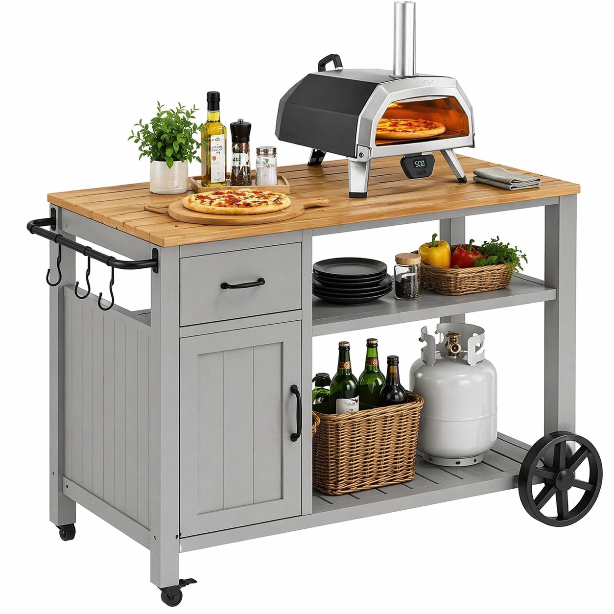 BBQ Servierwagen mit Edelstahl Arbeitsplatte und 2 Ebenen - Grau-dunvira