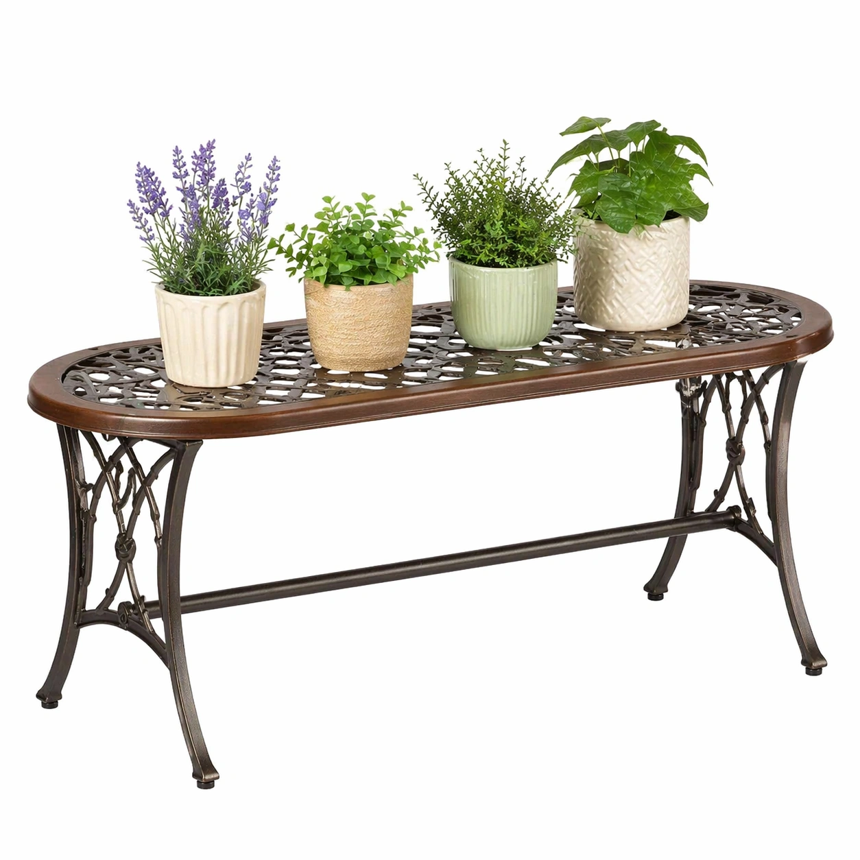 Gartentisch Rechteckig Vintage Stil Balkon Tisch mit Metallgestell und Holzrahmen Outdoor Pflanztisch-dunvira