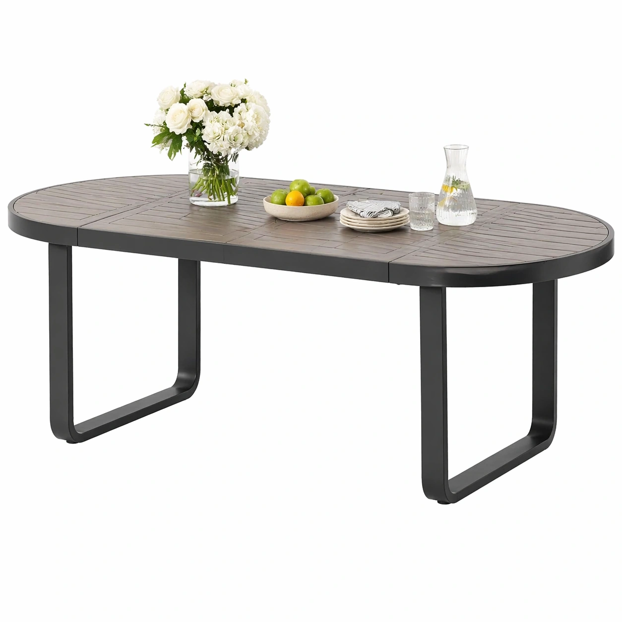 Garten Esstisch fuer 8 Personen, Ausziehbar, Rechteckig, Metallgestell mit Holz Tischplatte, Wetterfest, Outdoor Terrasse Balkon-dunvira