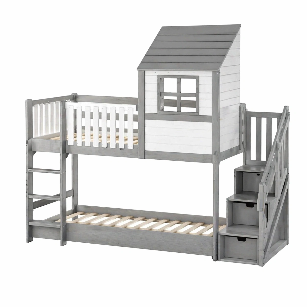 Kinder Hochbett Hausbett 90x200 cm mit Treppe und Leiter Massivholz Bettgestell mit Dach und Stauraum Grau Weiss-dunvira