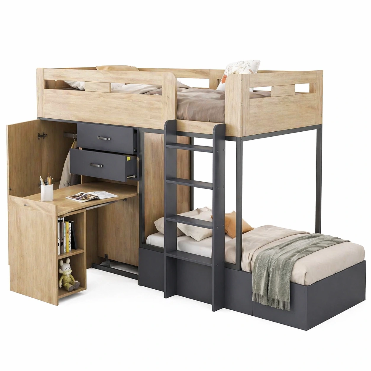 Kinder Hochbett 90x200 cm mit Schreibtisch und Kleiderschrank Multifunktionales Etagenbett mit Leiter und Stauraum Modernes Loftbett-dunvira