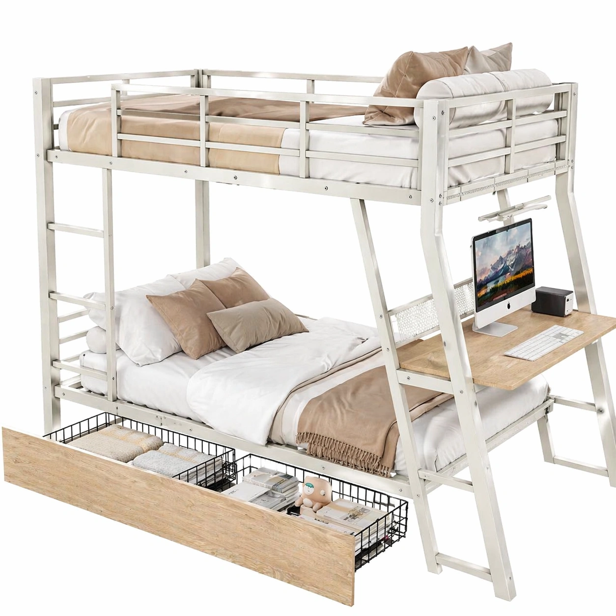Hochbett mit Schreibtisch 90x200 cm Metallbett mit Stauraum Schublade und Leiter Modernes Jugendbett Weiss Holzoptik-dunvira