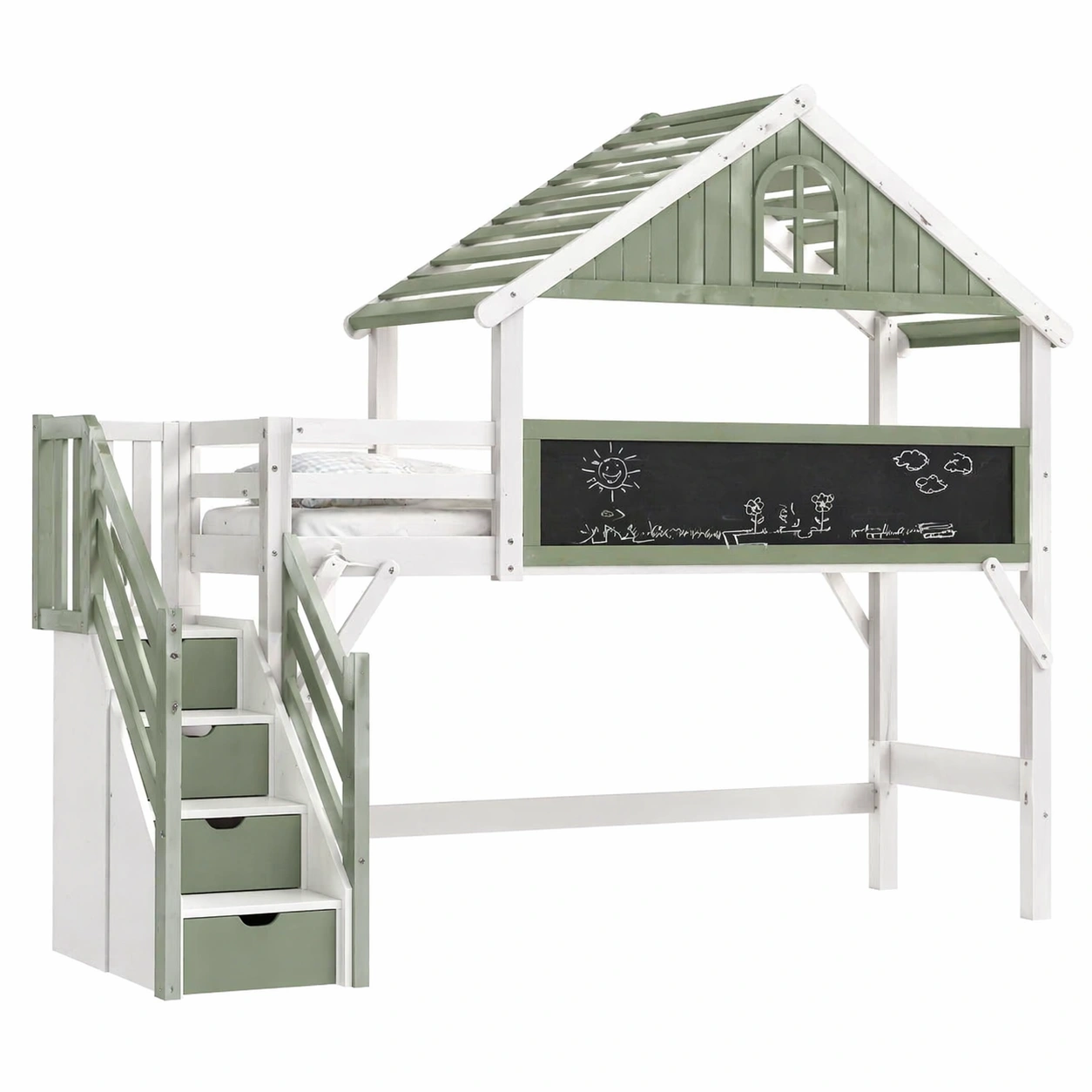 Kinder Hochbett 90x200 cm mit Dachdesign, Treppe mit Stauraum und Tafel, Spielbett Hausbett mit Rausfallschutz, Massivholz, Weiss Gruen-dunvira