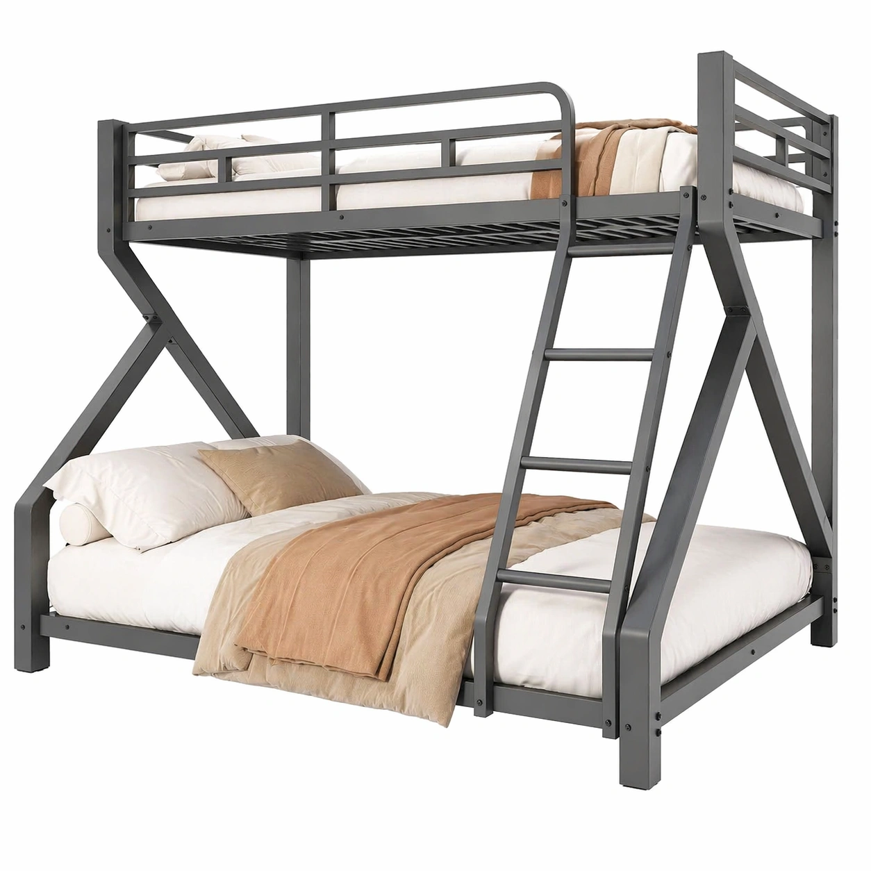Modernes Etagenbett 90 x 200 cm + 140 x 200 cm in Grau, Doppel Hochbett mit Leiter, Metallbett fuer Kinder und Jugendliche-dunvira