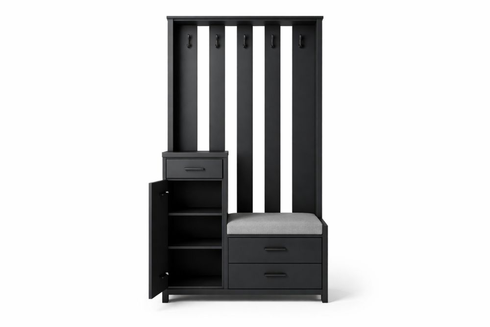 Entryway Hall Tree with Storage Bench and Hooks MDF Black 185x100x40cm-Vithearth
