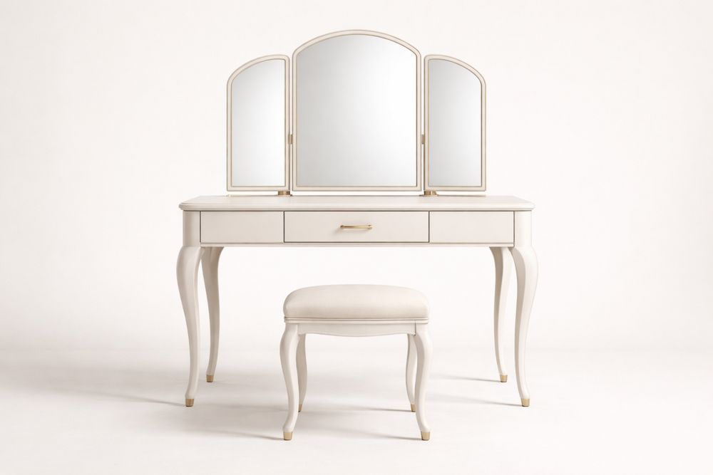 White engineered wood Vanity Set with Tri-Fold Mirror and Cushioned Stool-Vithearth