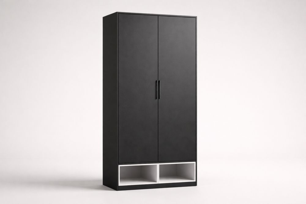 Black Engineered Wood Wardrobe with Shelves and Two Doors-Vithearth