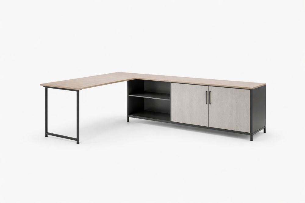 L-Shaped Office Desk with Steel Frame and solid wood Finish Surface-Vithearth