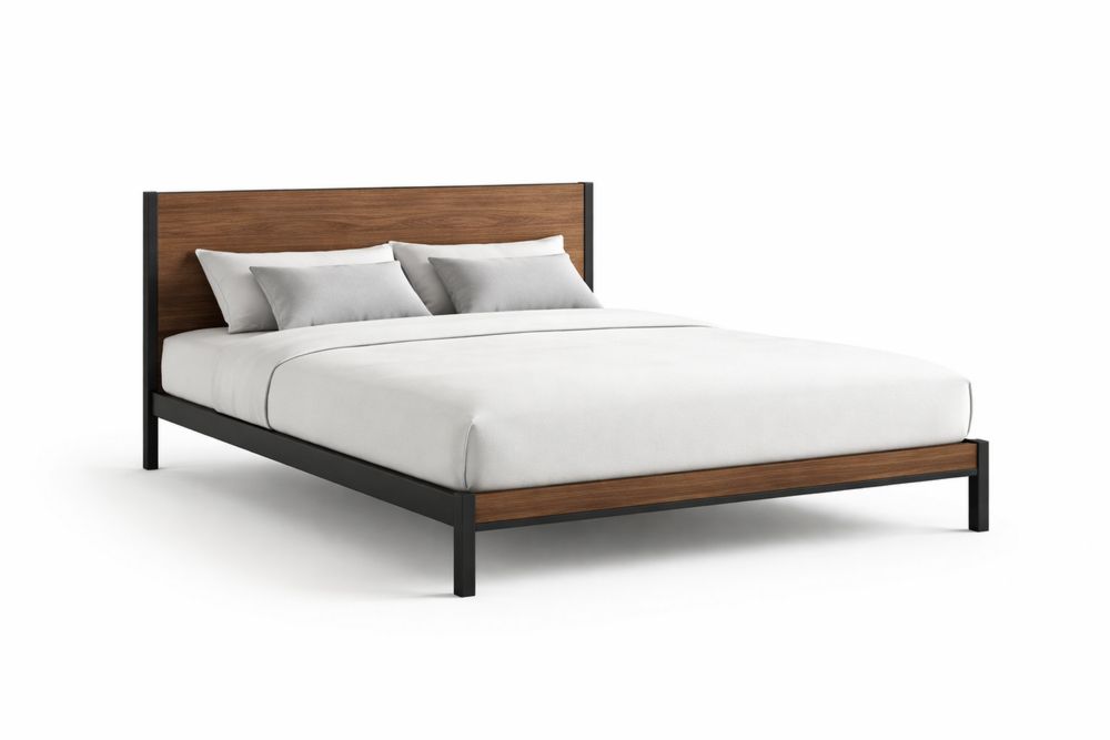 Queen Size Bed Frame with Steel and Walnut wood Construction 204 cm Length 152 cm Width 35 cm Height-Vithearth