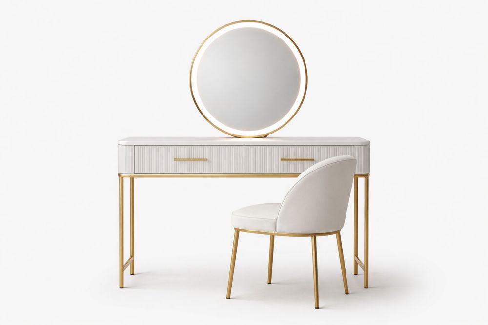 White Vanity Table Set with Mirror and Leather Upholstered Chair-Vithearth