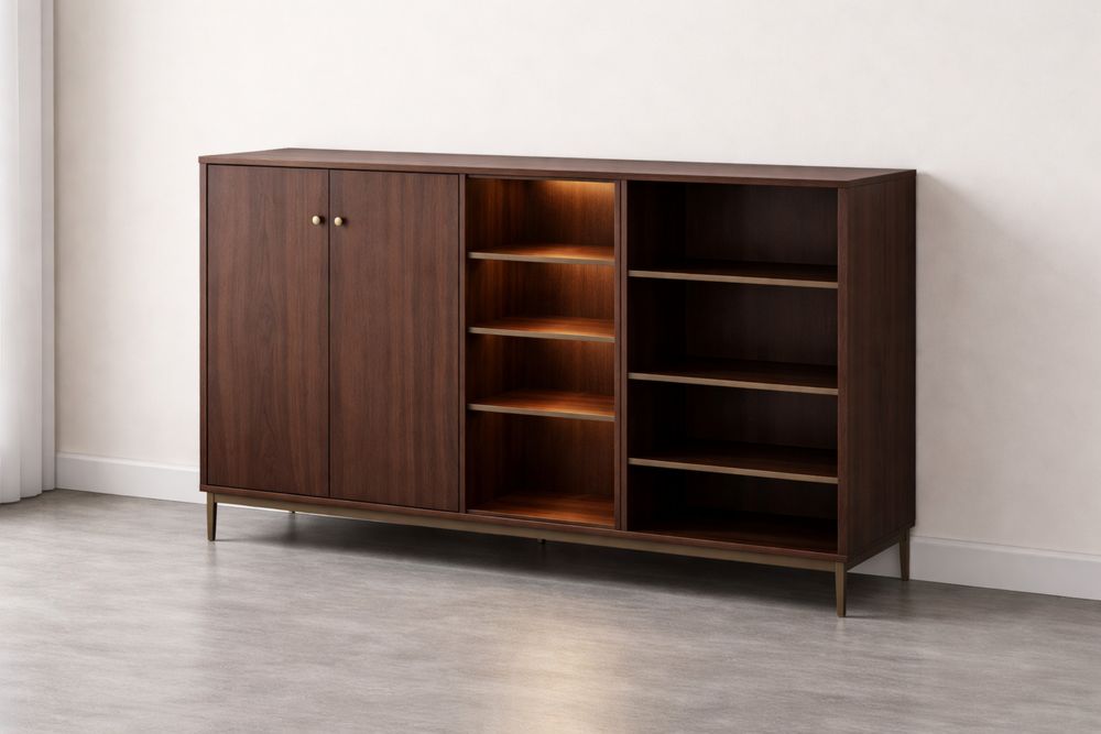 Walnut Veneer Sideboard Cabinet with Shelves and Doors-Vithearth