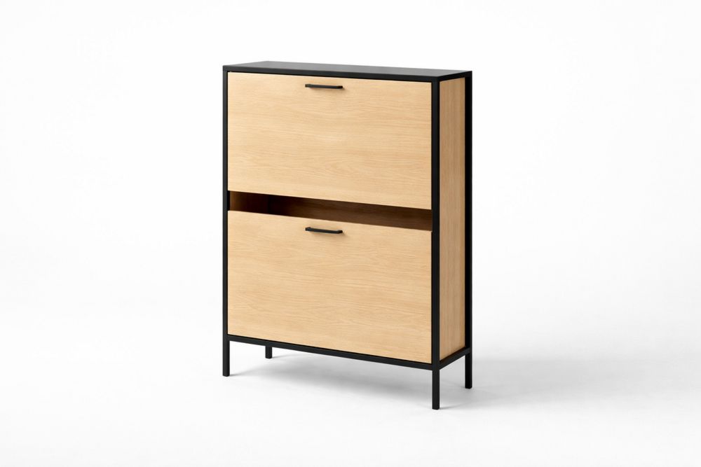 Solid Wood Veneer Shoe Cabinet with Black Aluminum Frame Two-Tier Storage-Vithearth