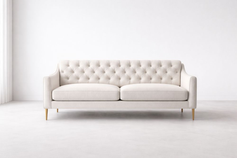 Two-Seater Linen Upholstered Sofa with Button Tufted Back Cream-Vithearth