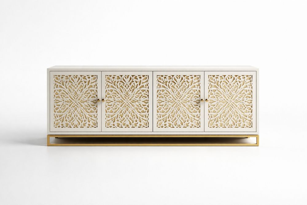 Carved MDF Sideboard with Openwork Design and Aluminum Frame 4-Door Beige-Vithearth