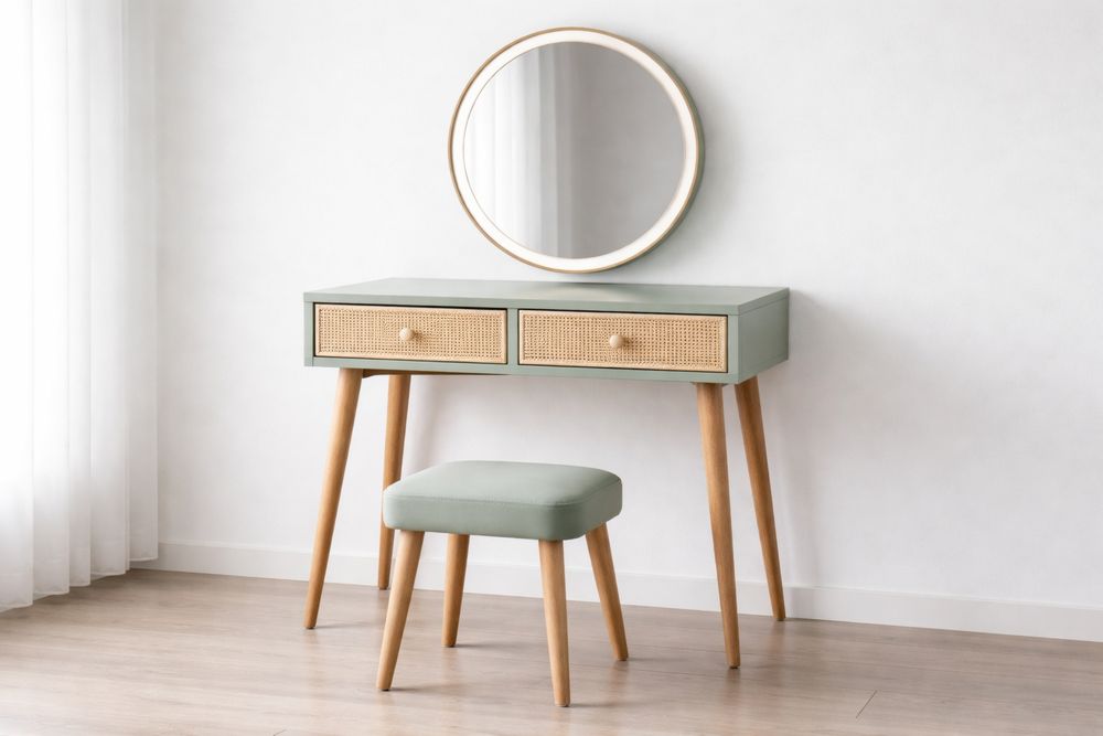 Rubberwood Vanity Table Set with Mirror and Upholstered Stool-Vithearth