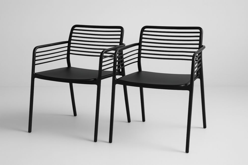Black Steel Outdoor Armchair Set with Slatted Design-Vithearth