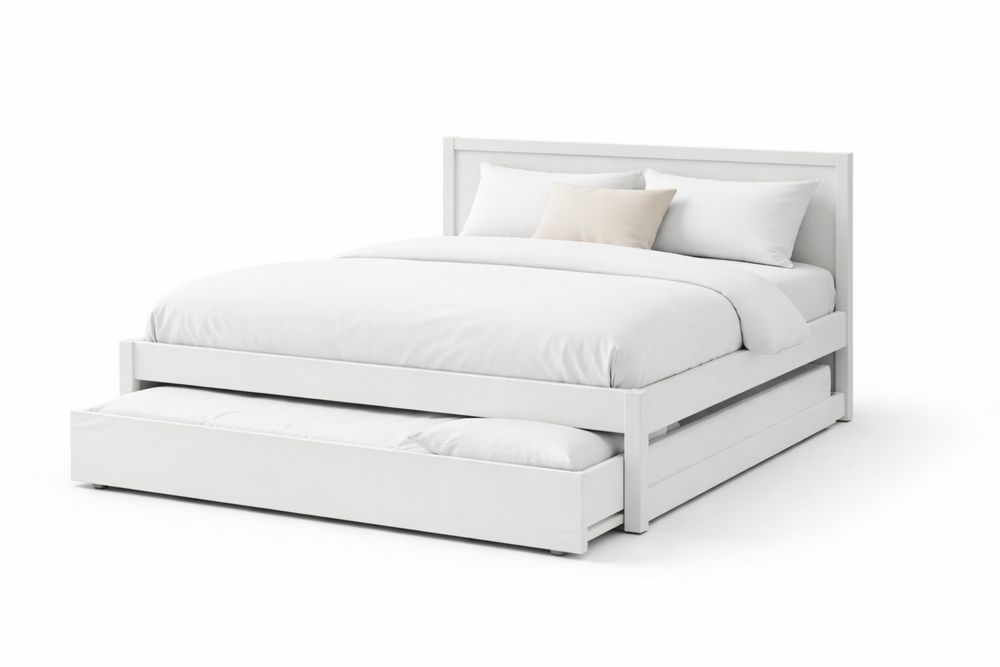 Pine Wood Platform Bed with Trundle in White-Vithearth