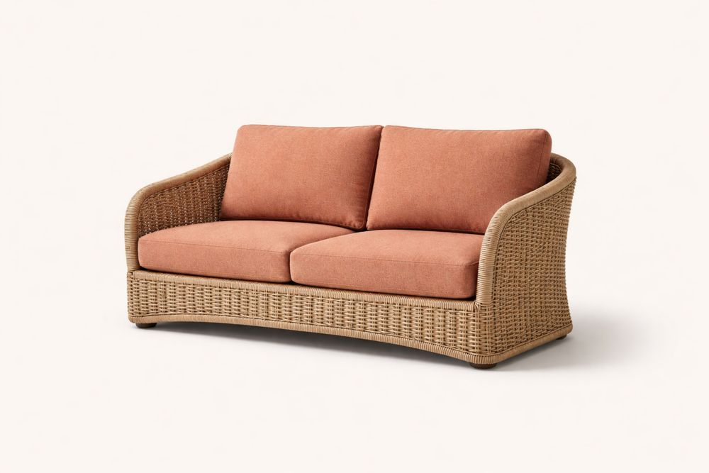 Wicker Two-Seater Sofa with Polyester Cushions Natural/Terracotta-Vithearth