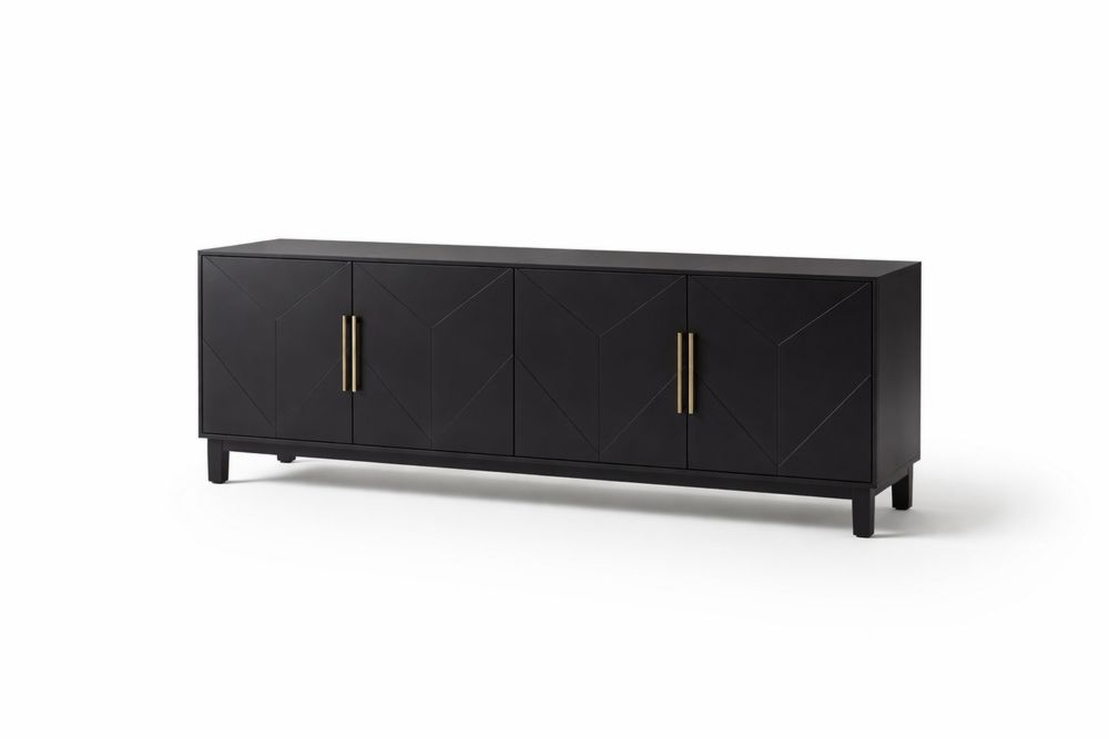 Black engineered wood Sideboard with Brass Handles 4-Door 180x45x75cm-Vithearth