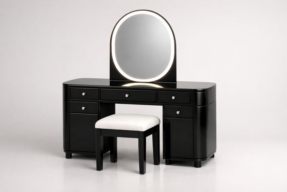Black Lacquered Wood Dressing Table Set with LED Mirror and Stool-Vithearth