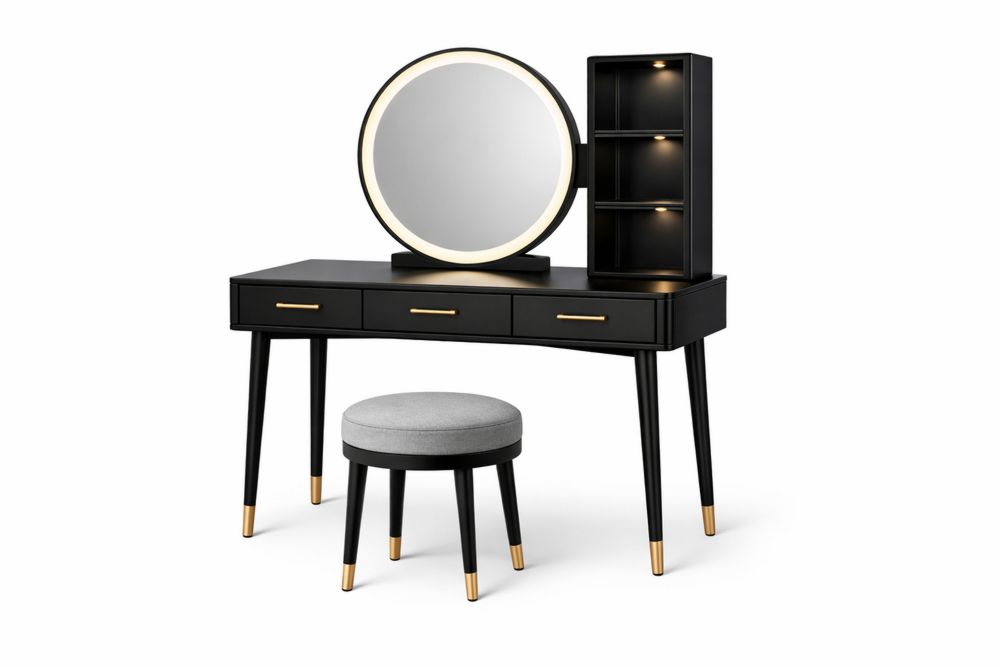 Black Vanity Desk Set with Round LED Mirror and Shelving MDF Gold Accents-Vithearth