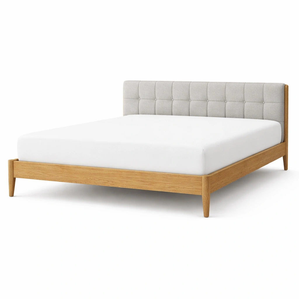 Estructura de cama de madera maciza con cabezal tapizado de tela gris claro-NESTSIRA