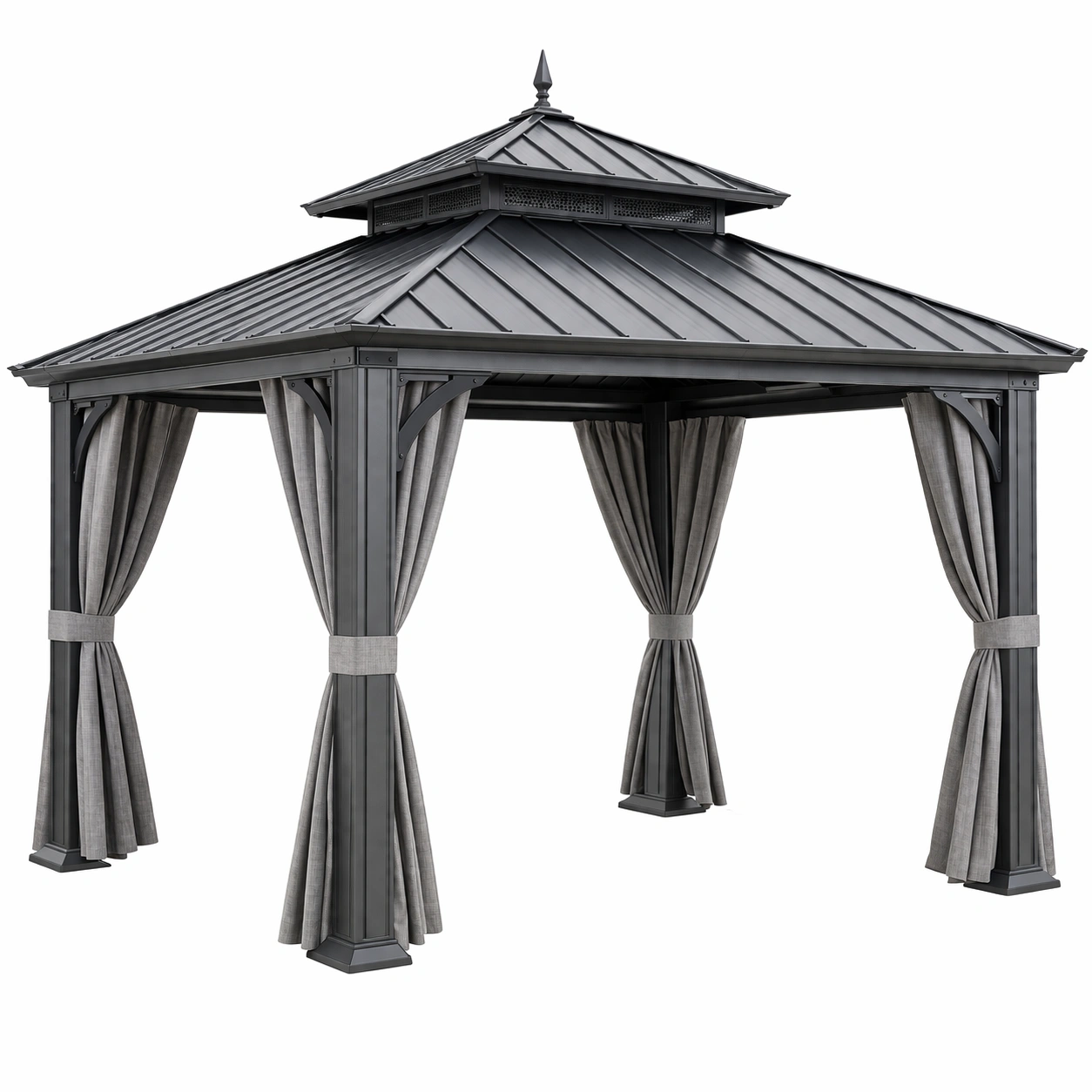 Gazebo de jardín de aluminio con techo metálico y cortinas de poliéster gris-NESTSIRA
