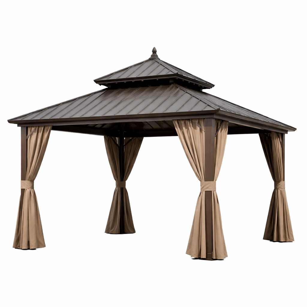 Gazebo de jardín de aluminio y acero con cortinas de poliéster beige 350x350x320 cm-NESTSIRA