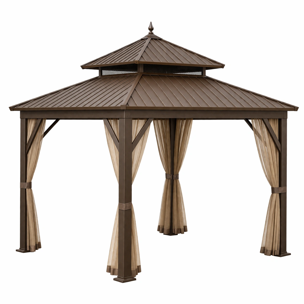Gazebo de jardín de metal con techo de acero y cortinas de tela marrón-NESTSIRA
