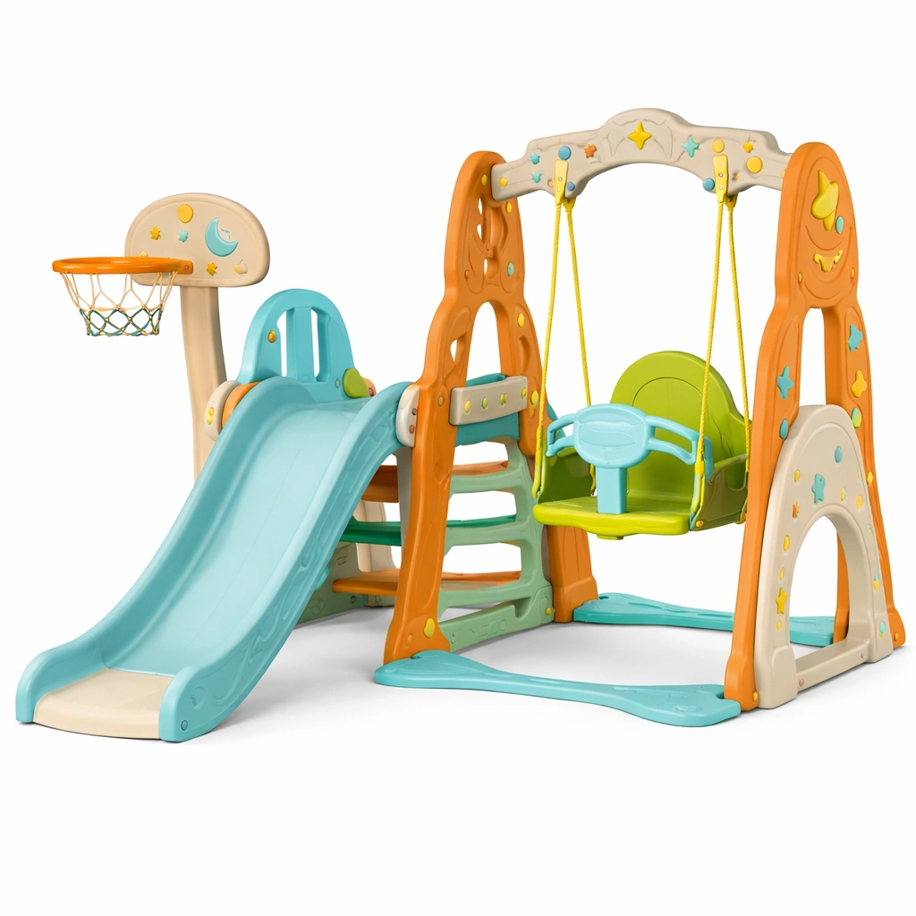 Parque infantil con tobogán columpio y cesta de baloncesto de plástico multicolor-NESTSIRA