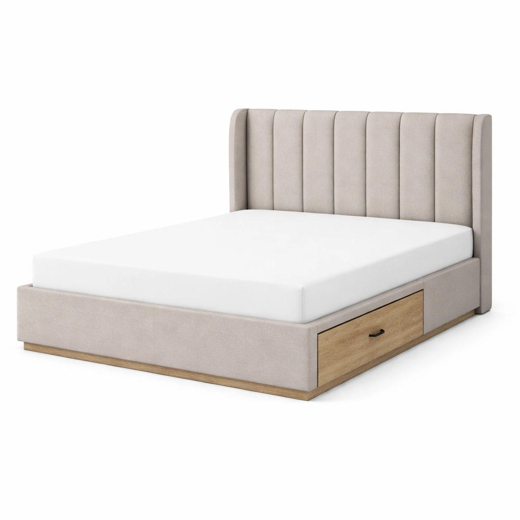 Cama con almacenamiento tapizada de tela beige con cabecero acolchado-ROOMNIRA