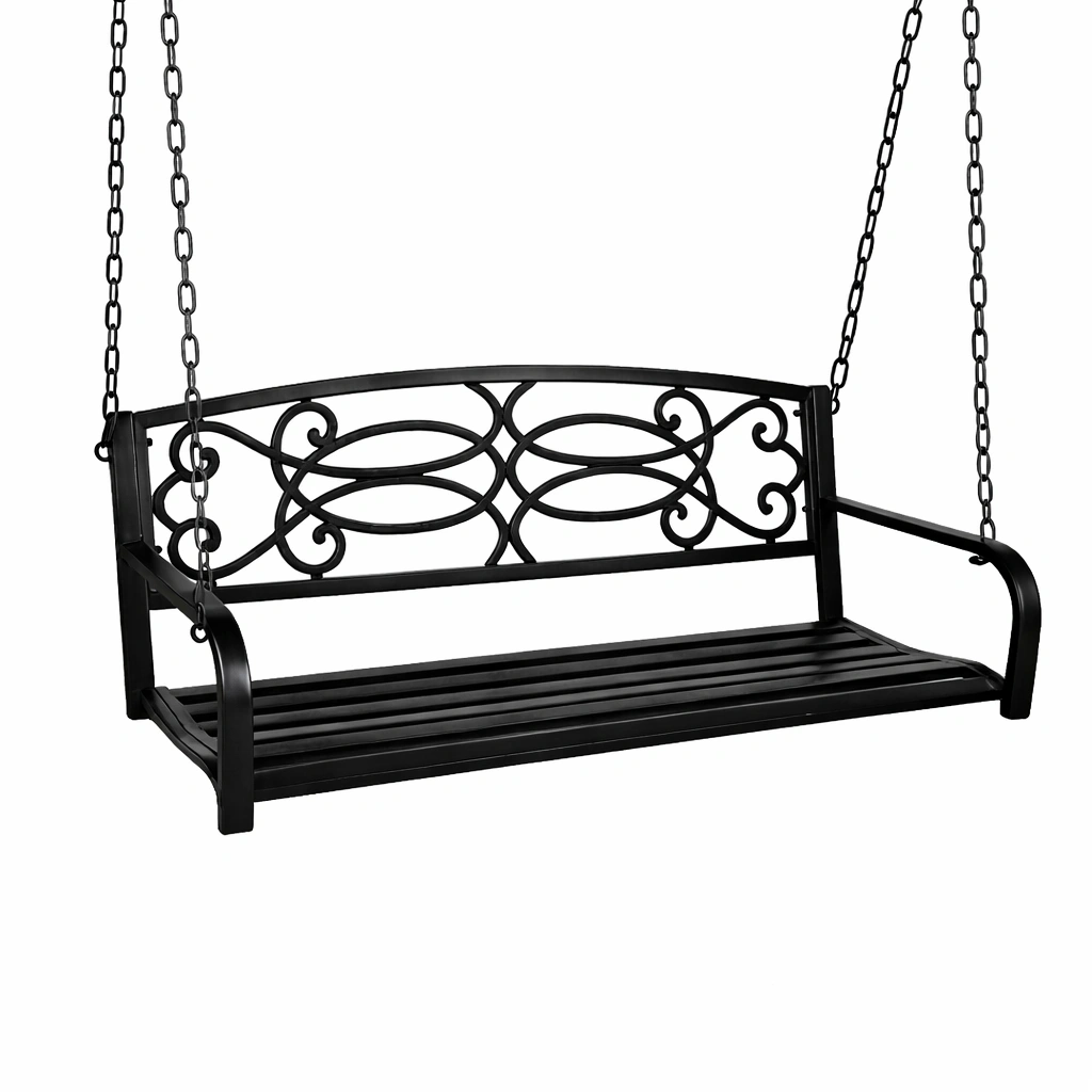 Columpio de porche de metal negro con cadenas-ROOMNIRA