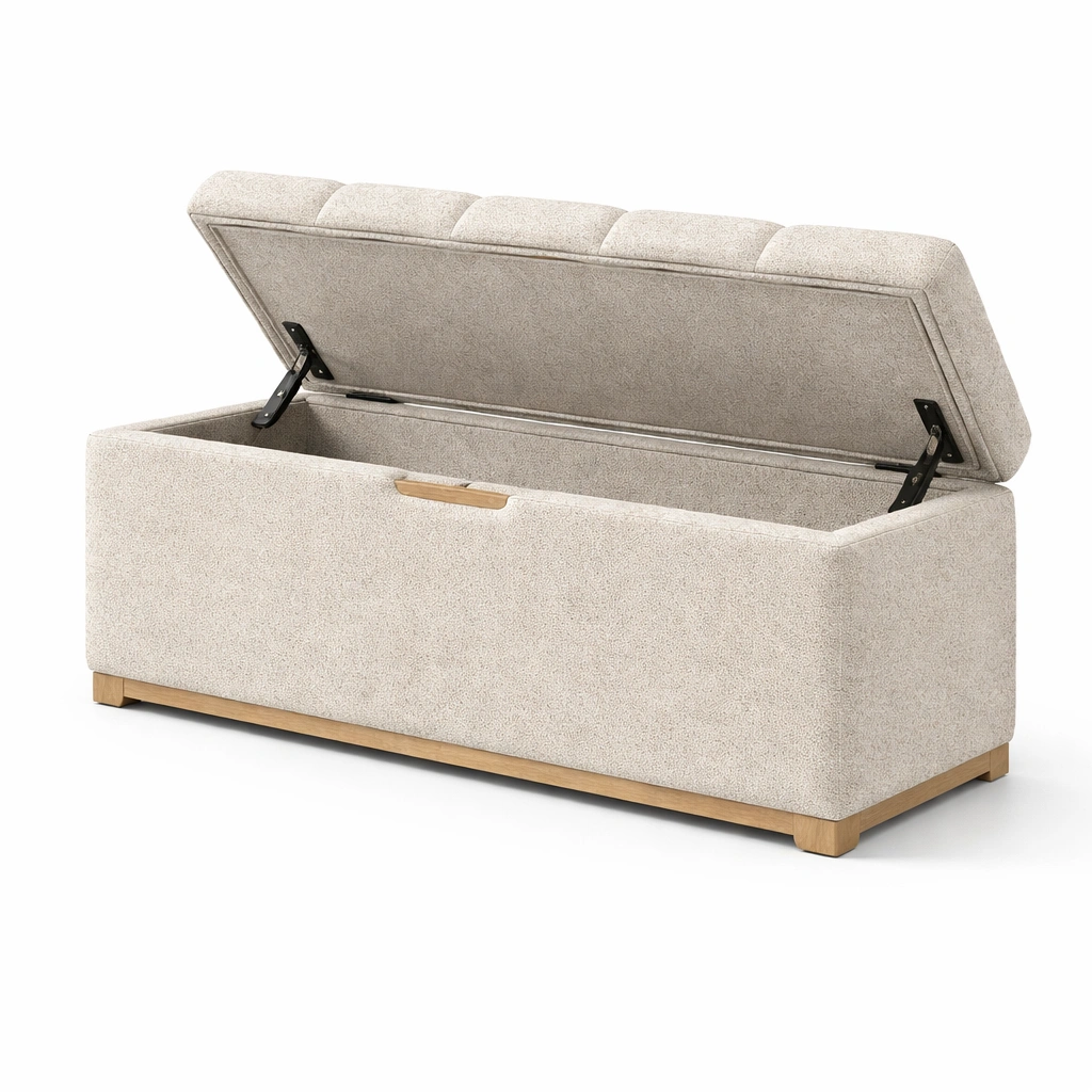 Banco con almacenamiento tapizado en poliéster beige con estructura de madera-ROOMNIRA