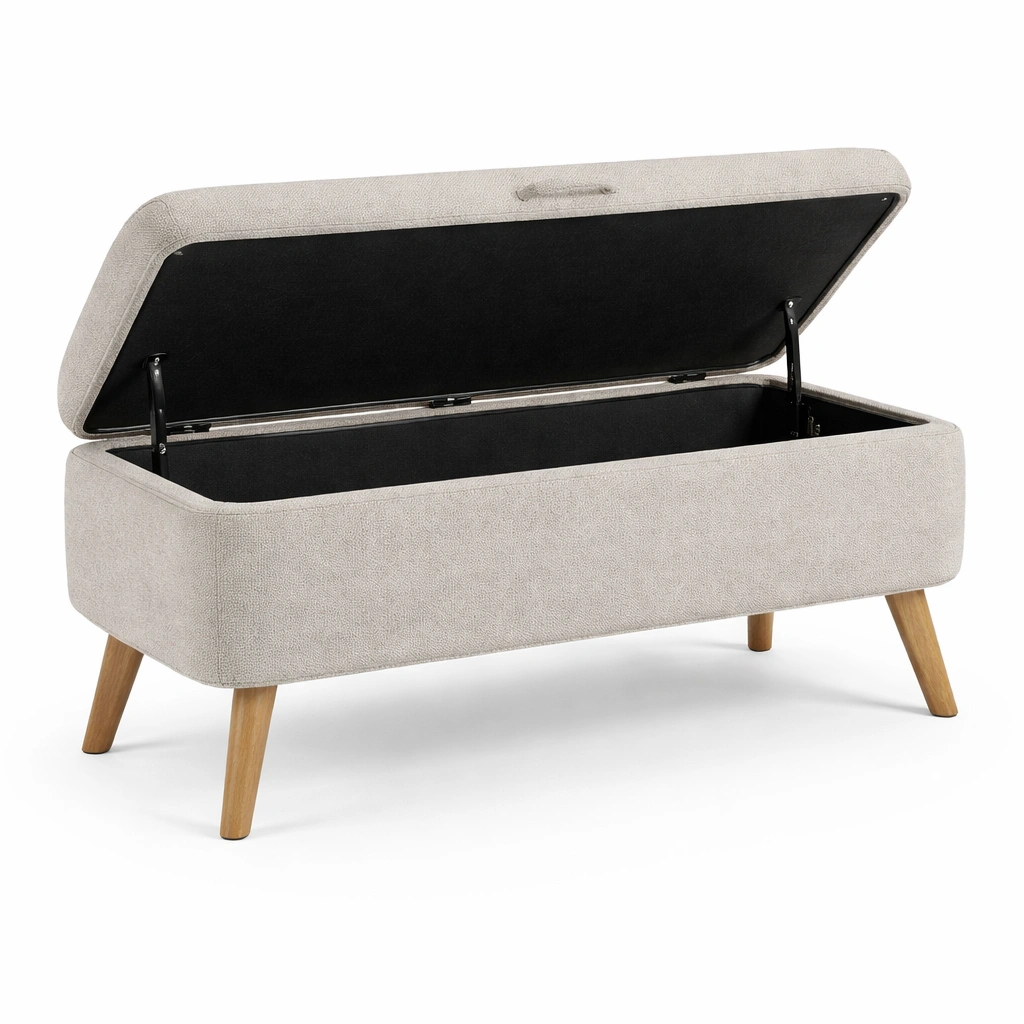 Banco con almacenamiento de tela beige con patas de madera-ROOMNIRA