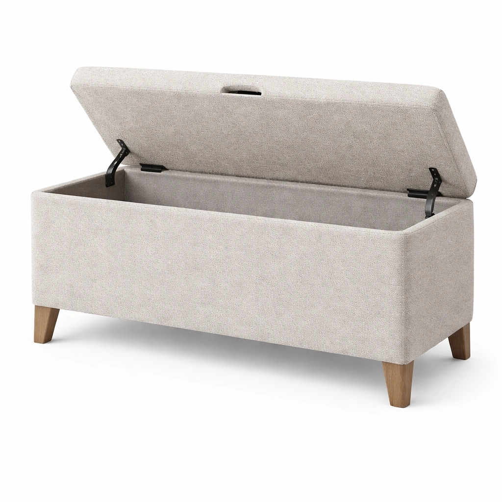 Banco con almacenamiento tapizado en tela de poliéster beige con patas de madera-ROOMNIRA