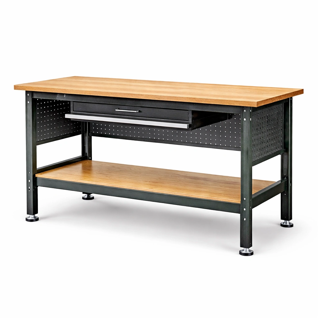 Banco de trabajo de madera contrachapada y acero con cajón 150x75x90 cm-ROOMNIRA