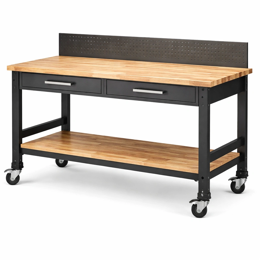 Banco de trabajo de madera y metal con ruedas y cajones-ROOMNIRA