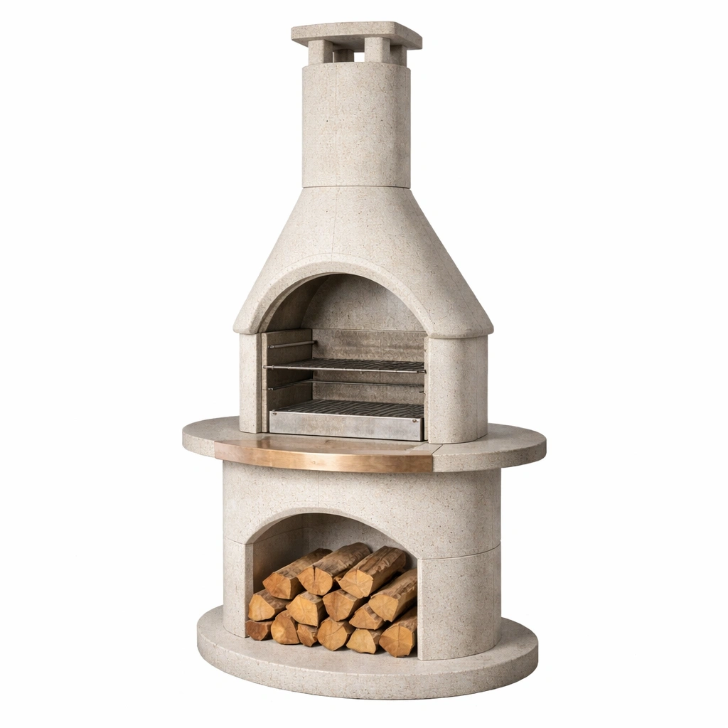 Barbacoa de concreto refractario beige con almacenamiento para leña-ROOMNIRA