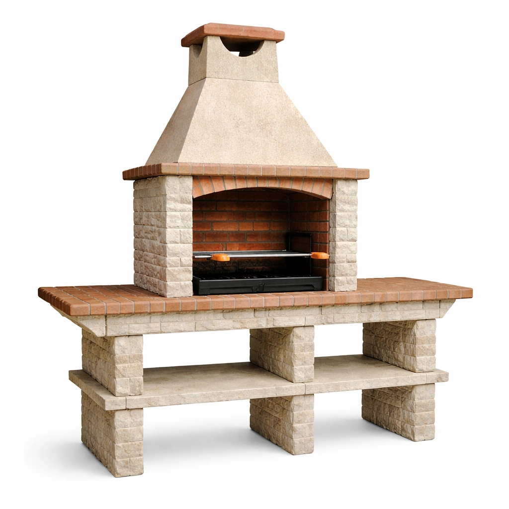 Barbacoa de ladrillo y piedra caliza con parrilla metálica-ROOMNIRA