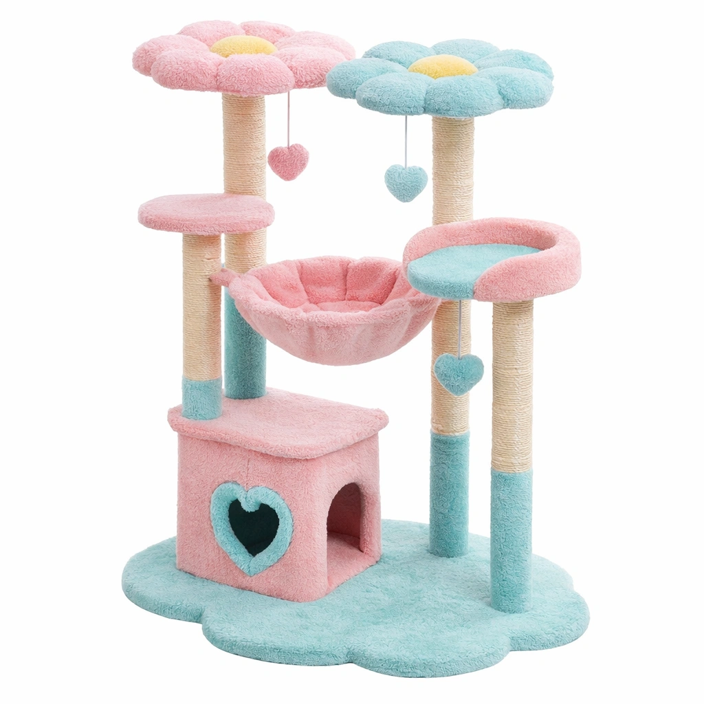 Árbol para gatos de felpa rosa y azul con hamaca y juguetes-ROOMLIVOZ